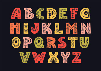 Poster - Vector display bold alphabet. Set of color letters decorated with tribal ornaments