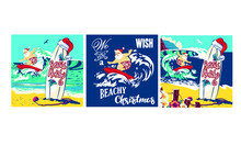 Holiday Illustration Santa Claus Standing On The Beach Surfing Cheerful Cartoon, Tropical Christmas And New Year, Seaside Entertainment