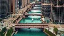 Time-lapse Of The Chicago River With Traffic And Boats