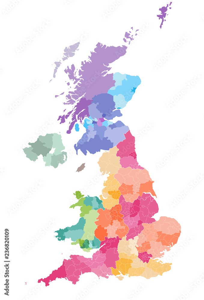 vector map of United Kingdom colored by countries and regions. Districts and counties map of England, Wales, Scotland and Northern Ireland - obrazy, fototapety, plakaty 