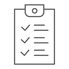 Checklist thin line icon, document and form, report sign, vector graphics, a linear pattern on a white background.