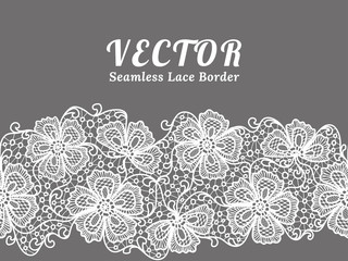 White seamless lace border with flowers on white background