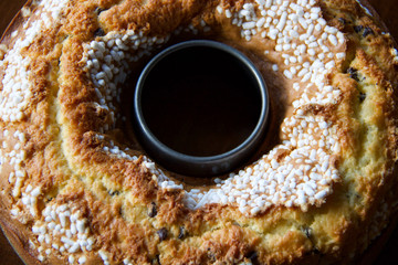 full frame of bundt cake decorated with granulated sugar