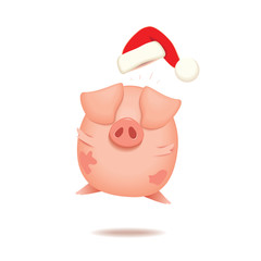 Wall Mural - Little fat pink pig with Christmas Santa’s cap jumping,Happy New Year concept