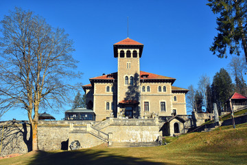 Sticker - BUSTENI, ROMANIA - NOVEMBER 9, 2018. Beautiful view of Cantacuzino Palace built in neo-romanian style, wish of Prince Gheorghe Grigore Cantacuzino, Busteni mountain resort , Prahova Valley, Romania