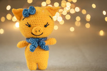 Amigurumi. Knitted Yellow Pig. Symbol Of The Year 2019. Handmade Toy
