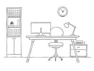 Fototapete - Sketch the room. Office chair, desk, various objects on the table. Sketch workspace.