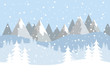 Flat vector landscape with silhouettes of trees, hills and mountains with falling snow.