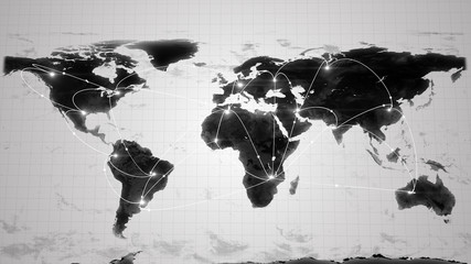 Wall Mural - Global business concept of connections and information transfer in the world in black and white 3d illustration
