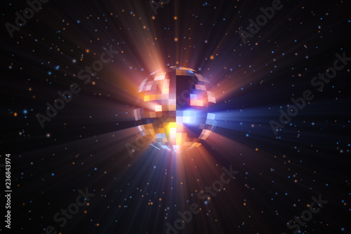 Foto 3d illustration rotation of a colorful multi-colored disco ball with particles a