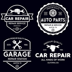 Set of vintage monochrome car repair service templates of emblems, labels, badges and logos. Service station auto parts tires shop mechanic on duty.