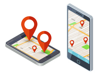 Poster - isometric mobile city map app vector design. illustration of navigation city map on smartphone
