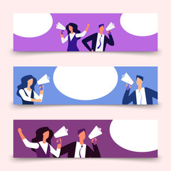 Canvas Print - Horizontal banners template with woman and man with megaphone. Buisnesspeople shouting in bullhorn with speech bubble for message. Illustration of man with speech communication announcement