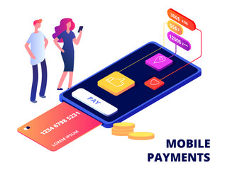 Canvas Print - Mobile payments. Smartphone banking app, data protection and security devices vector illustration. Smartphone payment app, pay banking