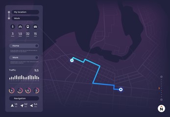 Poster - navigation map. gps mobile interface with route on city street and location pins. app roadmap tracke