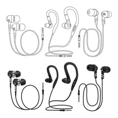 Canvas Print - Outline and realistic earphones vector isolated on white background. Illustration of headphone for music