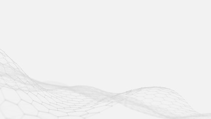 Wave white background. Abstract white futuristic background. Wave with connecting dots and lines on white background. Wave of particles. 3D rendering.