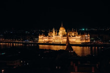 Parliament Building Illuminated At Night, Budapest, Hungary