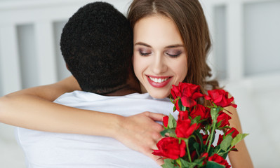 Wall Mural - Valentine's Day. happy couple  with red hert and flowers in bed