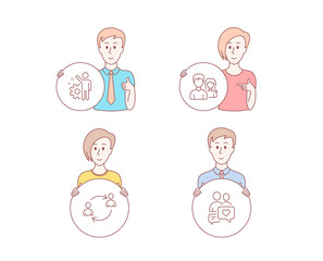 People hand drawn style. Set of Employee, User communication and Couple icons. Dating chat sign. Cogwheel, Human resources, Male and female. People love.  Character hold circle button. Vector