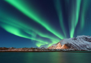 Wall Mural - aurora borealis above the snow covered mountain in lofoten islands, norway. northern lights in winte
