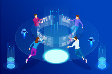 Poster - Isometric Business Data Analytics process management or intelligence dashboard on virtual screen showing sales and operations data statistics charts and key performance indicators concept.