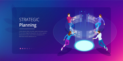 Poster - Strategic business planning. Isometric Business Data Analytics process management or intelligence dashboard on the virtual screen. Template for website, landing page.