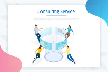 Poster - Consulting Service. Isometric Business Data Analytics process management or intelligence dashboard on the virtual screen. Template for website, landing page.