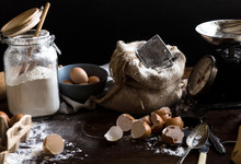 Baking ingredients on a wooden table