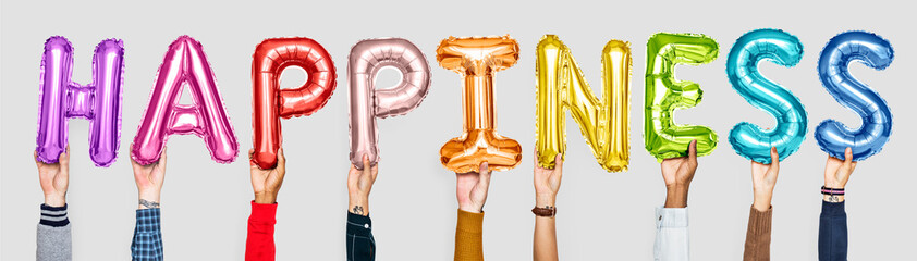 Sticker - Colorful alphabet balloons forming the word happiness