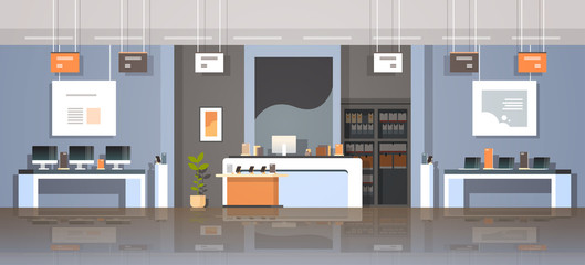 Poster - modern technology store interior digital computer laptop screen smartphone electronic gadgets creative design market flat horizontal