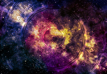 Wall Mural - abstract ancient geometric with star field and colorful galaxy background, watercolor digital art pa