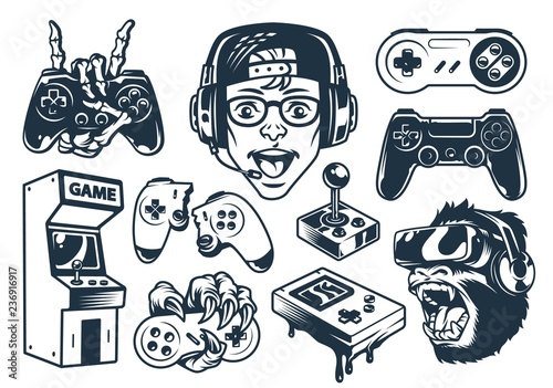 Vintage monochrome gaming set Fotobehang