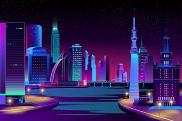 Wall Mural - Vector modern megapolis on river at night. Bright glowing buildings, boardwalk and bridge in cartoon style. Urban skyscrapers in neon colors, town exterior, architecture background.