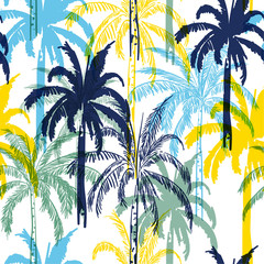 Wall Mural - Colorful  summer palm trees on the white  forest  background. Vector seamless pattern. Tropical illustration.