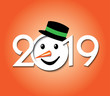 Snowman with numbers of 2019 year. Creative design greeting card Merry Christmas and Happy New Year