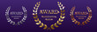 Golden, silver and bronze award signs with laurel wreath isolated on purple background. Vector award design templates.