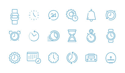 Canvas Print - Clock pictogram set. Fast time management computer timing calendar vector thin line icon collection. Illustration of timer and outline alarm stopwatch, measurement clock