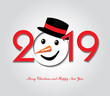 Snowman with numbers of 2019 year. Creative design greeting card Merry Christmas and Happy New Year