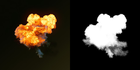 Aufkleber - Large explosion with black smoke in dark plus alpha channel. 3d rendering