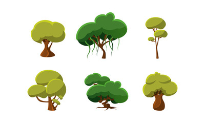 Wall Mural - Flat vector set of green trees. Natural landscape elements. Cartoon design for computer or mobile game