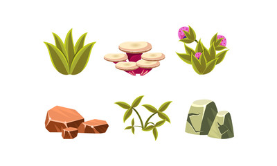 Poster - set of natural landscape elements. green grass, stones, mushroom and flowers. flat vector design for