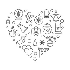 Aufkleber - Christmas icons in heart shape. Vector Xmas simple illustration in thin line style