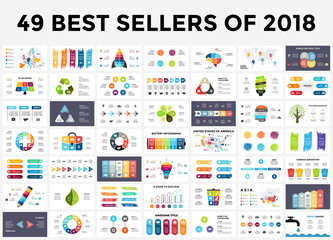 best infographic templates of 2018. presentation slides set. circle diagrams, timelines, light bulb,