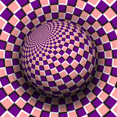 Wall Mural - optical illusion vector illustration. purple pink checkered sphere soaring above the same surface.