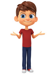 Sticker - Character cartoon boy in red t-shirt shrugged. 3d rendering. Illustration for advertising.