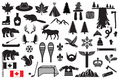 Fotomural Canada vector icons set (maple leaf, hockey, mountain, tree, beaver, polar bear,