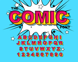 Comic Alphabet. Retro pink. Letters, numbers for kids illustrations,