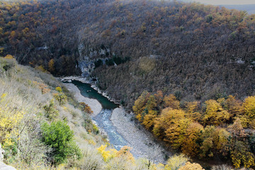 Wall Mural - River bends through a colorful autumn forest surrounded by high mountains