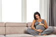 © Drobot Dean - Healthy pregnant woman indoors at home sitting posing.